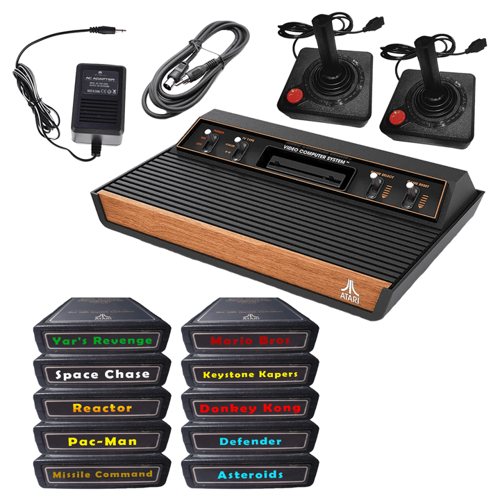 Atari 2600 Console Bundle: Asteroids, Defender, Donkey Kong, Keystone Kapers, Mario Bros, Missile Command, Pac-Man, Reactor ,Space Chase, Yar's Revenge - Retro vGames