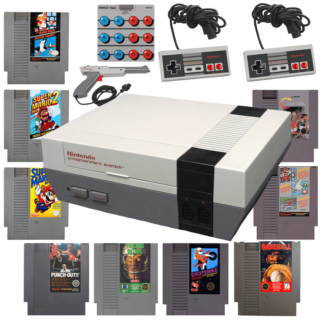 Nintendo NES Console Bundle: Mario Bros Duck Hunt + Track Meet + Mario 2 + Mario 3 + Contra 1 + Punch out + Tecmo Ball + ExciteBike + Baseball - Retro vGames