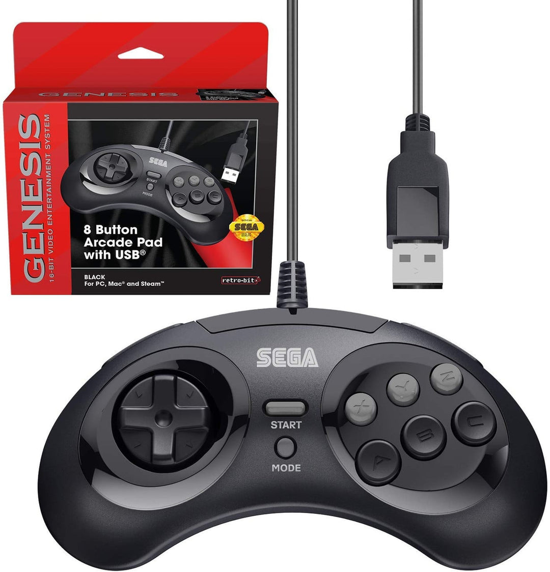 SEGA Genesis 8-button Arcade USB Pad Black - Retro vGames